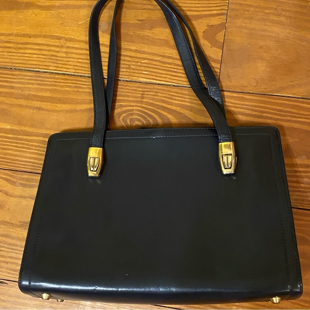 Vintage Koret Navy Leather Shoulder Bag with Gold Accents